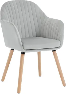A light gray upholstered chair with wooden legs, shown against a white background.