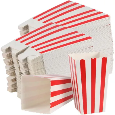 Zdjęcie produktu dla Solidchoice - 120 sztuk papierowych torebek na popcorn z czerwono-białymi paskami, idealnych na imprezy