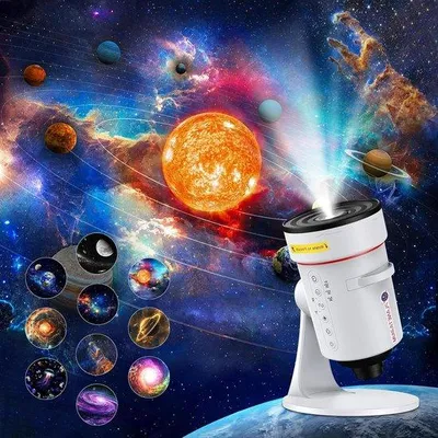 Obrázek produktu pro Projektor hvězdné oblohy – noční lampa planetárium – dekorace do pokoje s vesmírnou tematikou – 10 filmových disků – 360° rotace – bílá barva
