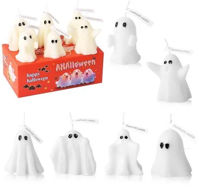 Produktbild von 6 weiße Halloween-Spukkerzen, hergestellt aus Soja-Wachs in Form eines Gespenstes, Halloween-Decorationskerzen für ein Halloween-Party oder als Tischdeko in der Schlafzimmer.
