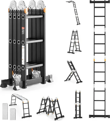 A collage of images showing a multi-functional ladder in various configurations and sizes, along with some accessories.
