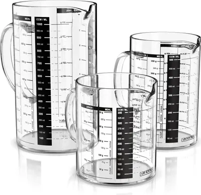 Immagine prodotto di Set di caraffe dosatrici in vetro Arendo, 350ml, 500ml e 1000ml, borosilicato, beccuccio e manico, vetro, 0,35 L / 0,5 L / 1 L, contenitore da cucina per farina, zucchero, spezie, dolci, adatto al microonde