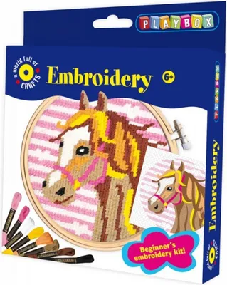 The image shows the packaging of a Playbox embroidery kit for children.