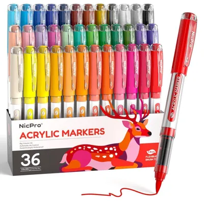 Produktbild von Acrylstifte 36 Farben, wasserbasiert, auslaufsicher, Pinselspitze 1-8 mm, für Stein, Holz, Glas, Keramik, Stoff