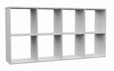 A white modular shelving unit with eight square compartments arranged in two rows of four.