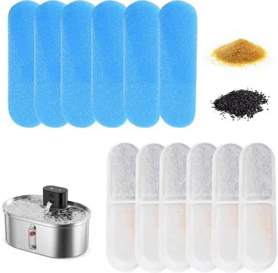 Obrázok produktu pre 6 ks filtračných vložiek + 6 ks filtračných špongií pre fontány pre mačky, vodné filtre pre zásobníky na vodu pre domáce zvieratá (modré + biele)