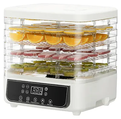 Obrázek produktu pro Sušička na ovoce a zeleninu – 5 úrovní, regulace teploty 35–70 °C, LED displej, časovač na 72 hodin, 160 W, 220 V – bílá