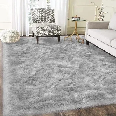 Productafbeelding van Famanu vloerkleed, grijs, 160 x 230 cm - Imitatiebont, geschikt voor slaapkamer en woonkamer