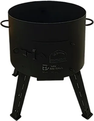 A black metal outdoor cooking stove with legs, shown in a studio setting against a white background.
