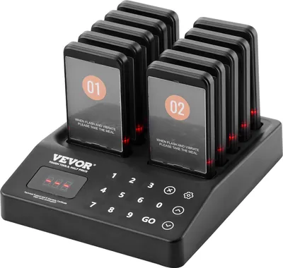 A black restaurant pager system with multiple pagers docked in a charging base, shown on a white background.