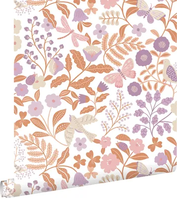 Imagen del producto de ESTAhome papel pintado flores y pájaros morado lila y rojo barro cocido 53 cm x 10.05 m