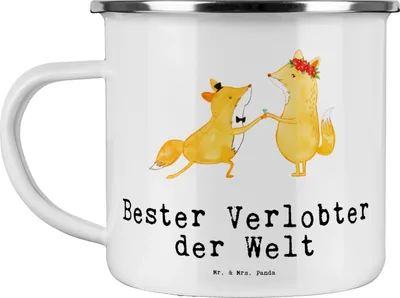 Produktbild von Mr. & Mrs. Panda Blechtasse Fuchs Bester Verlobter der Welt - Weiß - Geschenk, Teetasse, Pott, Mann, Hochzeit, Ehe, Kaffeepott, Emaille Becher, Geschenkidee, Traummann