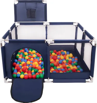 Produktbild von Selonis laufstall mit korb und 100 bälle laufgitter für kinder, blau:grün/gelb/blau/rot/orange