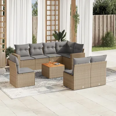 Produktbild von Design 9-tlg. Garten-Sofagarnitur mit Kissen Beige Poly Rattan, Gartenmöbel-Sets 2024 Neu