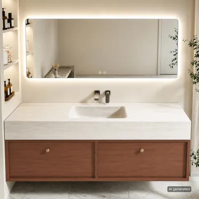 Immagine prodotto di Set di mobili da bagno in sinterizzata: lavabo, mobile sospeso sotto lavabo e specchio, moderno spazio bagno per il bagno, dimensioni 120x55 cm [RW211BKK]