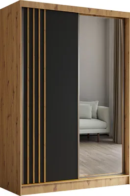 Produktbild von Masseno Schiebetürenschrank NELVIA 150 cm Kleiderschrank Schlafzimmer Schrank 2-türig mit Spiegel und Lamellen Eiche Artisan