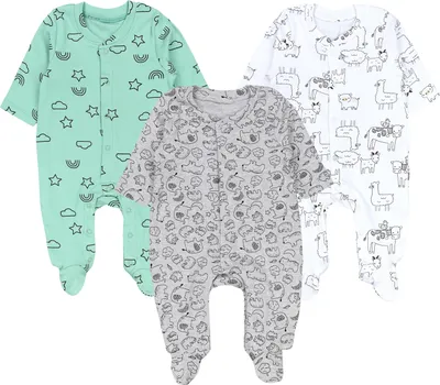 Produktbild von TupTam Baby Jungen Schlafstrampler Langarm Strampler Schlafanzug mit Fuß 3er Pack, Farbe: Salbeigrün Weiß Tiere Sterne Regenbogen, Größe: 56