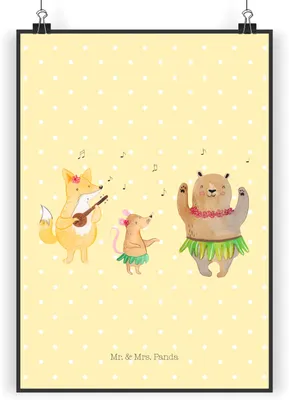 Produktbild von Mr. & Mrs. Panda Bild Waldtiere Aloha DIN A5 - Gelb Pastell - Geschenk, Wald, Igel, Lachen, Hase, drucke, Lustige Sprüche, Tanzen, Kunstdruck, poster, Musik, Wandbild