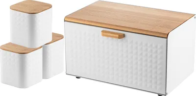 Obrázek produktu pro FLORINA Chlebník včetně sady 3 úložných nádob CUBE I Chlebník z oceli s bambusovým víkem I Prostorný a moderní chlebník I 3 úložné nádoby na kávu, čaj a cukr I Barva: bílá