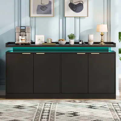 Productafbeelding van Dressoir met LED-verlichting, 160x39x83 cm, met vier deuren, zwart MDF-dressoir voor keuken, eetkamer en woonkamer
