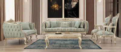 Produktbild von Casa Padrino Luxus Barock Wohnzimmer Set Grün / Antik Gold - 2 Sofas & 2 Sessel & 1 Couchtisch - Handgefertigte Wohnzimmer Möbel im Barockstil - Edel & Prunkvoll