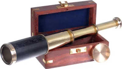Immagine prodotto di Telescopio, ottone con impugnatura in pelle, con scatola in legno, 25 cm