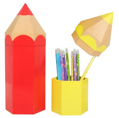 Produktbild von com-four® 2x Geschenktasche, Geschenkverpackung für Schulanfänger, Schultüte in Bleistift-Form, stabile Pappbox für Schulmaterialien zur Einschulung