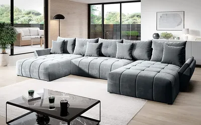 Produktbild von Vigo Velvet Monolith Ecksofa in U-Form 382 cm x 190 cm -  Schlafsofa mit Bettkasten - Couch mit Stauraum und Kissen - Sofa mit Schlaffunktion - Ausziehbares Schlafsofa - Farbe: Grau (M-84)