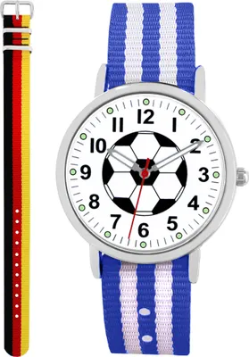 Produktbild von Pacific Time Fußball Armbanduhr Kinder Jungen Mädchen 2 Wechselarmbänder blau weiß + Deutschland 86822