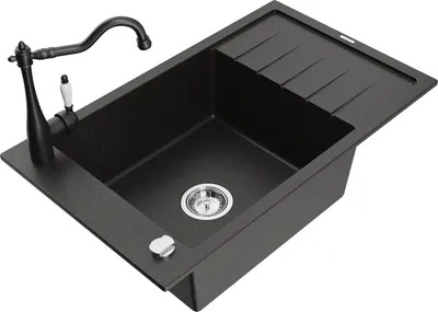 Produktbild von Mexen Elias 1 Becken-Granitspüle mit Abtropffläche und Mischbatterie Carla, Schwarz/Gold metallisch - 6511-75-670700-70