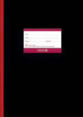 A black notebook with a pink and white label for writing subject, name, class, and school.