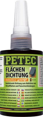 A bottle of Petec Flächen Dichtung (surface sealant) with its label visible.