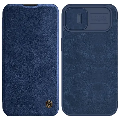 A product shot of a blue leather phone case, shown from the front and back.