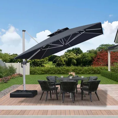 Produktbild von PURPLE LEAF Sonnenschirm 330 x 330 cm Ampelschirm Quadratischer Außenbereich Alu Doppelsonnenschirm 360° Rotation, Sonnenschutz UV50+, Grau