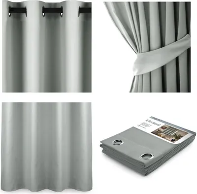 A collage of images showing different views and packaging of silver blackout curtains.