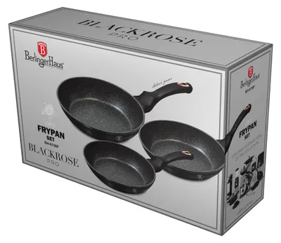 The image shows the packaging of a set of frying pans.
