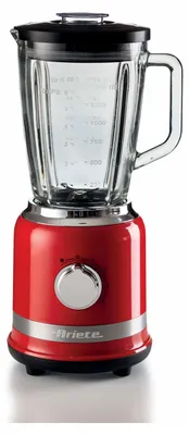 A red Ariete tabletop blender with a glass pitcher and a black lid is shown against a white background.
