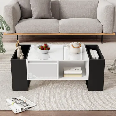 Immagine prodotto di Tavolino moderno e lucido con cassetto - Design bianco e nero - Cassetto e 4 vani a giorno