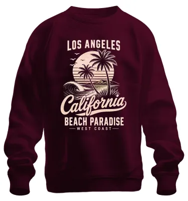 Imagen del producto de Sudadera con cuello redondo, diseño "Paraíso playero de Los Ángeles, California, Costa Oeste, Surf, Estados Unidos", color burdeos, talla L