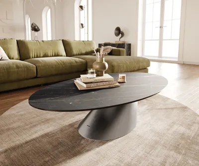 Produktbild von DELIFE Couchtisch Edge Oval 140x80 cm Keramik Laminam® Noir Desir Braun Conis Edelstahl gebürstet