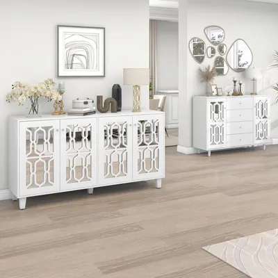 Image de MODFU Buffet Moderne avec 4 Portes et Poignées Cristal, Meuble Bas Design Contemporain - MDF - Blanc - 160x40x84 cm