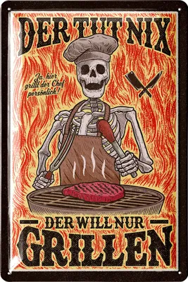 Produktbild von Blechschilder Grillen, Grill Schild der tut nix der will nur GRILLEN, retro BBQ und Garten Deko, Geschenk für Papas Grillecke und Grillplatz