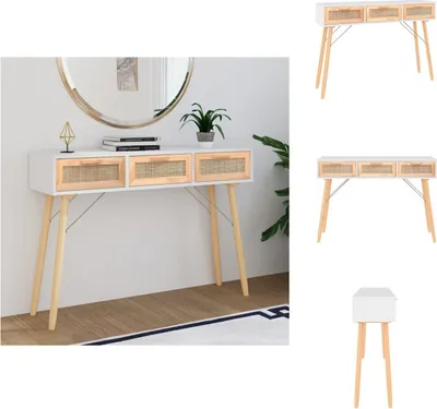 Productafbeelding van vidaXL Console tafel, wit, 105x30x75 cm, massief hout, grenen, naturel riet - bijzettafels