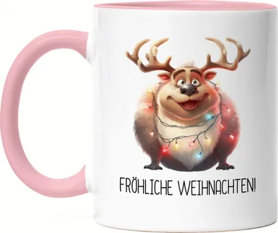 Produktbild von Fröhliche Weihnachten Lustiges Rentier Tasse Rosa Lichterkette Adventsgeschenk
