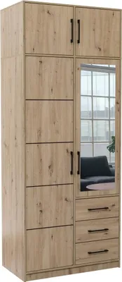Image de Armoire à miroir BETTSO, 2 portes, avec tiroir, poignées noires, modèle COSTARICA 2D, finition chêne artisanal