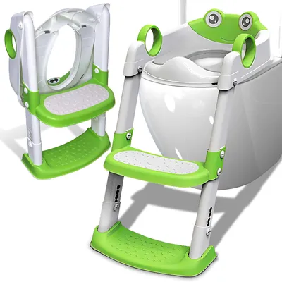 Produktbild von Kinder-Toilettentrainer mit Treppe, klappbarer Toilettensitz für Kinder, rutschfest, ergonomisch mit PolyurethanPolster, Spritzschutz, Grau-Grün 59×38×34 cm