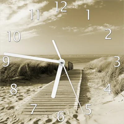 Produktbild von Wallario Design Wanduhr Auf dem Holzweg zum Strand in Sepiafarben aus Echtglas, Größe 20 x 20 cm