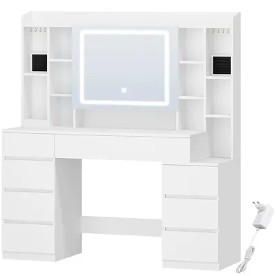 Imagen del producto de Tocador – Mesa de maquillaje con espejo grande – 120 cm – 8 cajones – 11 compartimentos abiertos – Compartimento integrado para joyas – Blanco