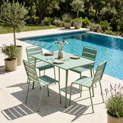 Image de Ensemble table de jardin en métal et 4 chaises vert sauge - Oviala Palavas