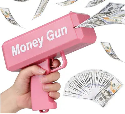 Imagen del producto de Pistola de juguete que funciona manualmente, con 100 billetes de juego, de color rosa, ideal para juegos de fiesta